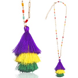 ABTOLS Mardi Gras Pendant Necklace for Women, Purple Green Yellow Tassel Colorful Bead Necklace for Mardi Gras Parade Masquerade Costume Party Favor Supplies