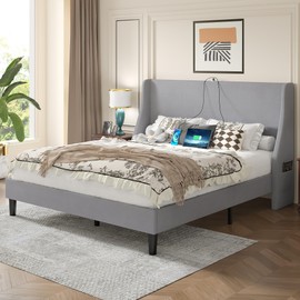 VECELO Full Bed Frame with Upholstered Wingback Headboard, Heavy-Duty Platform Bedframe with Charging Station, Wooden Slats, No Box Spring Needed, Light Grey