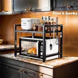 QMLZZJE Microwave Oven Rack, Microwave Stand Countertop Adjustable Over Microwave Shelf Organizer, Extendable Kitchen Microwave Stand with Storage with 6 Hooks