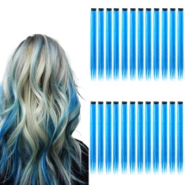 24 PCS Colored Hair Extensions, Long Straight Clip in Hair Extensions, 22 Inch Rainbow Hairpieces Multicolor Synthetic Hair Party Highlights Hair Accessories for Girls Kids Women Gift(Sky Blue)