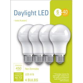 GE Lighting LED Light Bulbs, A19 Standard Bulb, 6 Watts (40 Watt Equivalent) Daylight, Medium Base, Non-Dimmable (4 Pack)