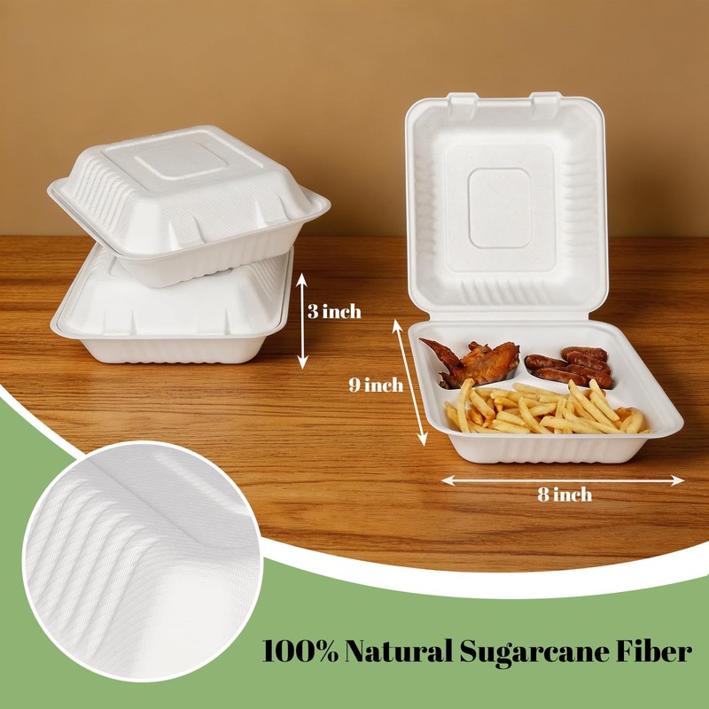 100 Pack 8×9 Inch 3-Compartment Compostable Bagasse Food Containers
