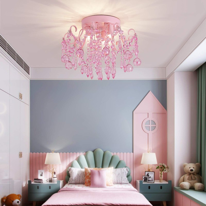 Q&S Mini Chandelier Crystal,Semi Flush Mount Pink Girl Chandelier, Small