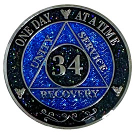 Simply Minimal AA 34-Year Shiny Fancy Glitter Recovery Medallion, Alcoholics Anonymous Recover