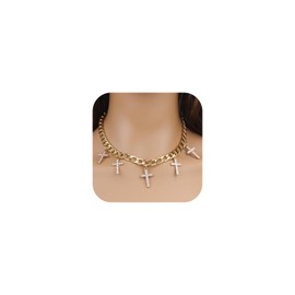 Gold Charm Necklace for Women Boho Surfer Beach Necklace Chunky Pearl Cross Charm Choker Necklace Beach Necklace Jewelry for Women (Gold Cross)