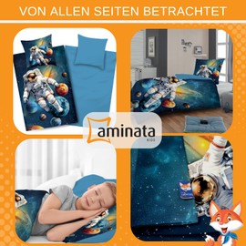 Aminata kids Space Bed Linen for Children, Boys, Astronaut Reversible Bed Linen, 135 x 200 cm, Microfibre Bed Linen Set, Planets and Space Design, Blue