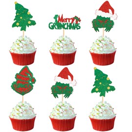 Keaziu 24PCS Grin-ch Christmas Cupcake Toppers Christmas Theme Party Picks Santa Claus and Christmas Tree Combinatorial Chirstmas Decoration Party Decoration Deep Green