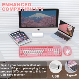 Wireless Keyboard Mouse Combo, Wireless Keyboard and Mouse Set with OTG Adapter,106 Round Keys Colorful Wireless Typewriter for MacBook Windows Laptop Tablet Pink