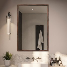 TheiaMo 36"x24" Bathroom Mirror with Natural Wood Frame for Wall, Large Rectangle Vanity Mirror Rustic Farmhouse Decor Mirror, Anti-Rust Explosion-Proof, Hang Horizontally or Vertically, Walnut