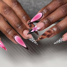 MISUD Press on Nails - Long Stiletto Glue on Nails with Pink Flower, Acrylic Cheetah Design 24 pcs