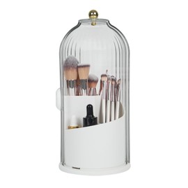 WVacFre Makeup Brush Holder Organizer with Lid, 360° Rotatable Transparent Dustproof Makeup Brush Organizer for Dressing Table, Desk, Bathroom, Countertop (White)