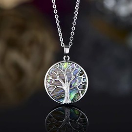 Barzel 18K White Gold Plated Created Abalone Shell Tree Of Life Necklace, 18 Inches with 2 Inches Extension - Made in Brazil