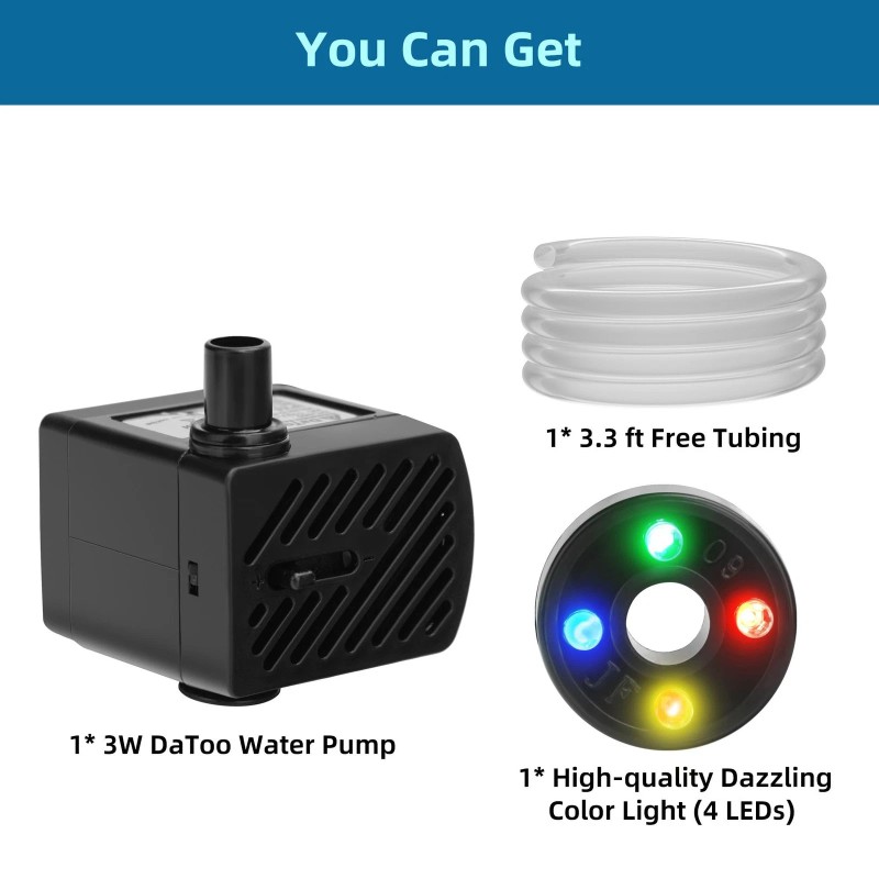 Datoo Mini Submersible Fountain Water Pump With LED Light 50GPH