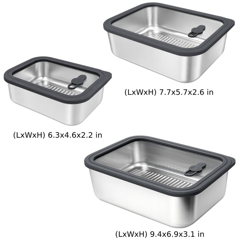 3 Pcs Stainless Steel Food Storage Containers with Glass Lids,