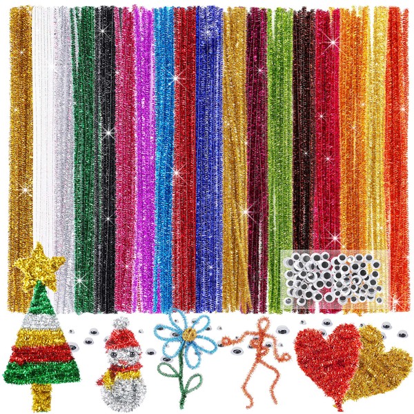 Caydo 200 Pieces Glitter Pipe Cleaners with 100 Pieces Wiggle Eyes 14 Colors Chenille Stems Metallic Sparkle Craft Pipe Cleaner for DIY Art and Crafts Creative Projects