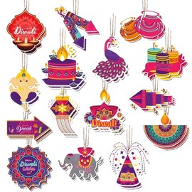 30PCS Wooden Diwali Hanging Decorations Handcrafted Pendant Diyas and Lanterns for Indian Festival of Lights, Home Puja, Wedding and Rangoli Decor