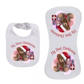 Liberty Flags & Gifts My First Christmas Pink Bear Infant Bib & Peanut Shaped Burper Set Gift