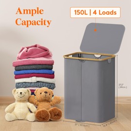 Lifewit 150L Double Laundry Hamper with Lid, Large Laundry Basket with Bamboo Handles and Removable Laundry Bags, Foldable Clothes Hampers for Laundry for Bedroom, Bathroom, Dorm, Laundry Room, Grey