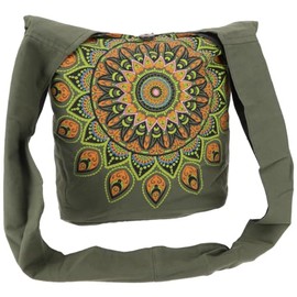 GURU SHOP Embroidered Boho Bag, Shoulder Bag with Mandala, Nepal Bag - Black/Turquoise, Unisex - Adult, 33 x 37 x 13 cm, Olive Green/Lemon, Unit size