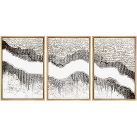 SIGNWIN Framed Canvas Print Wall Art Set Black, White Gray Paint Stroke Collage Abstract Shapes Illustrations Modern Art Geometric Zen Mid-Century for Living Room, Bedroom, Office - 24"x36"x3 Natural