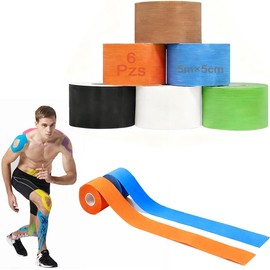 Cinta Kinesiología 6 Rollos, 5CM*5M Cintas Deportiva Respirable al Agua Autoadherible, Vendaje Neuromuscular Transpirable sin Látex, Cinta Muscular Proteccion para Estiramiento Atlético Muñeca Tobillo