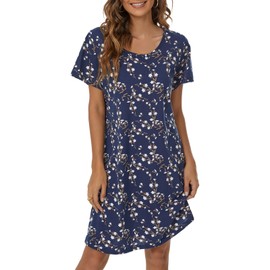 Tugege Women's Nightgown Short Sleeve Sleepshirts House Dress Sleepwear Casual Print Pajama (Navy Floral, Large)