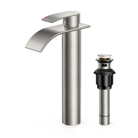 FORIOUS Waterfall Bathroom Vessel Sink Faucets with Metal Pop up Drain and Lead-Free cUPC Hose, Chrome Single Handle Tall Bathroom Faucet 1 Hole, 11inch for Bath,Vessel