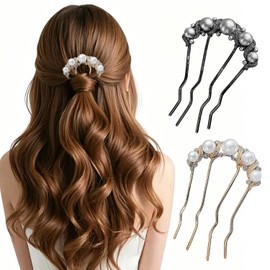 Party Wrap Combs, Set of 2, Gold + Gunmetal, Deluxe Model, Hair Ornament, Pearl, U-Shape, Hair Clip, Hairband, For Weddings, Coming-of-Age Ceremonies, Everyday Use, Kimono, Graduation Ceremonies
