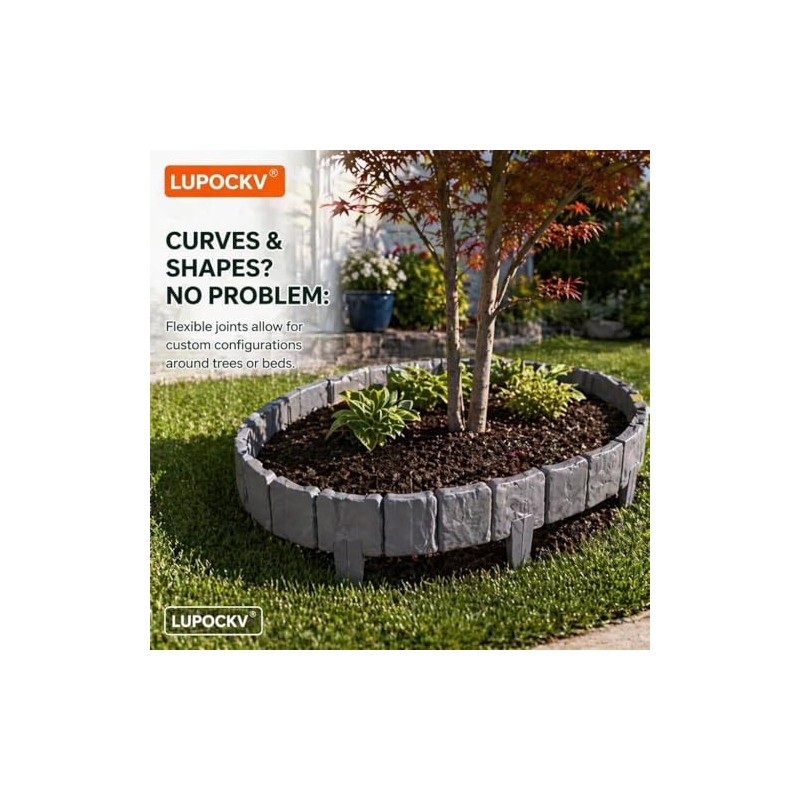 Faux Stone Garden Fence, Grey, Plastic Interlocking Decorative Frame for