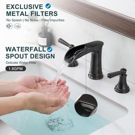 HEYMYTAP Brass 8 Inch Oil Rubbed Bronze Bathroom Faucet Waterfall Widespread Bathroom Faucets for Sink 3 Hole 2 Handle with Pop up Drain & Pre-Installed cUPC Water Hose for Vanity, 10 Mins Install