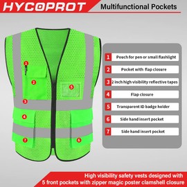 HYCOPROT High Visibility Mesh Safety Reflective Vest with Pockets and Zipper, Meets ANSI/ISEA Standards