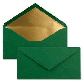 Long Envelopes size DIN Long, gummed, wet seal, Gold / Silver metallic lining 25 Umschläge dark green gold