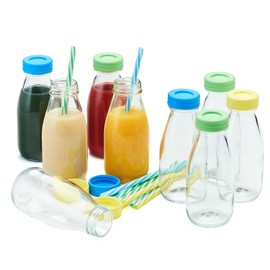 10 oz Glass Milk Bottles with Lids & Straws (9 Pack) Small Airtight Glasses with Caps, Reusable Juicing Bottles for Yogurt, Water, Juice, Smoothies, Drinking, Kids Lunch, Mini Vintage Jars, Container