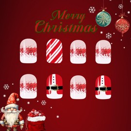 Christmas Press on Nails Short Square Fake Nails with Red White Ombre Stripes Glitter Designs Xmas Short Glue on Nails Press ons Acrylic False Nails for Women 24 Pcs