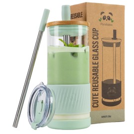 Pandaloo® Glass Cups With Lids and Straws -20 Fl Oz- Perfect Size Iced Coffee Cup - Smoothie Cup With Bamboo Lid and On the go Lid (Sweet Sage, 1 Count (Pack of 1)