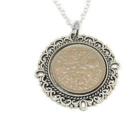 floral Fancy Pendant 1957 Lucky sixpence 67th Birthday plus a Sterling Silver 18in Chain