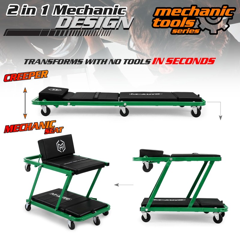 M-AUTO Heavy-Duty Convertible Mechanic Creeper, 48" Padded Adjustable Headrest Roller