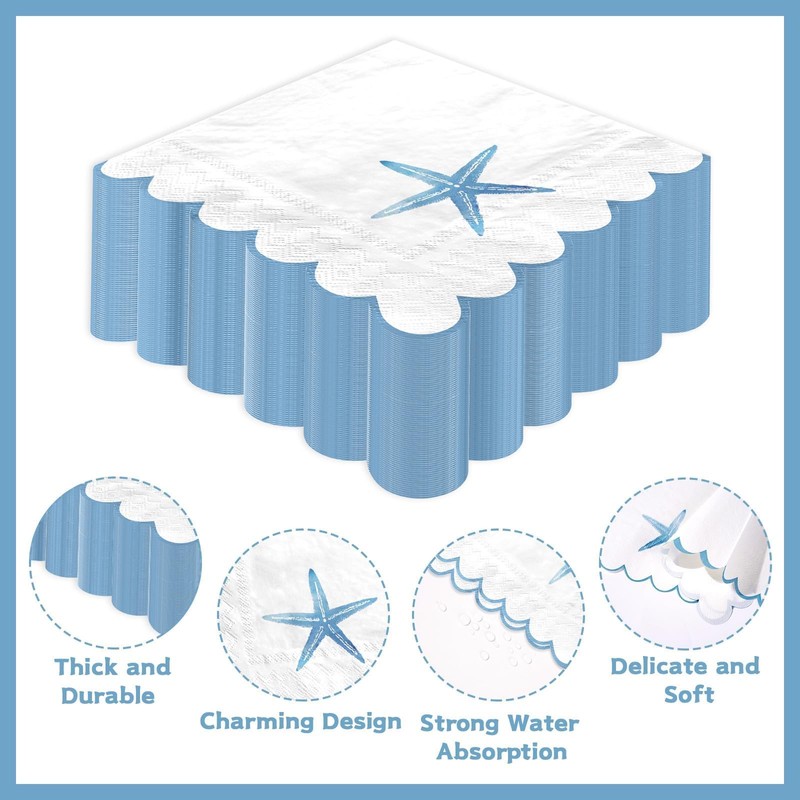 100 Pcs Starfish Light Blue Scalloped Paper Napkins 6.5 x