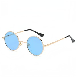 WDZAYXC Retro Classic Round Polarized Metal Frame Sunglasses for Men and Women (Gold/Blue)