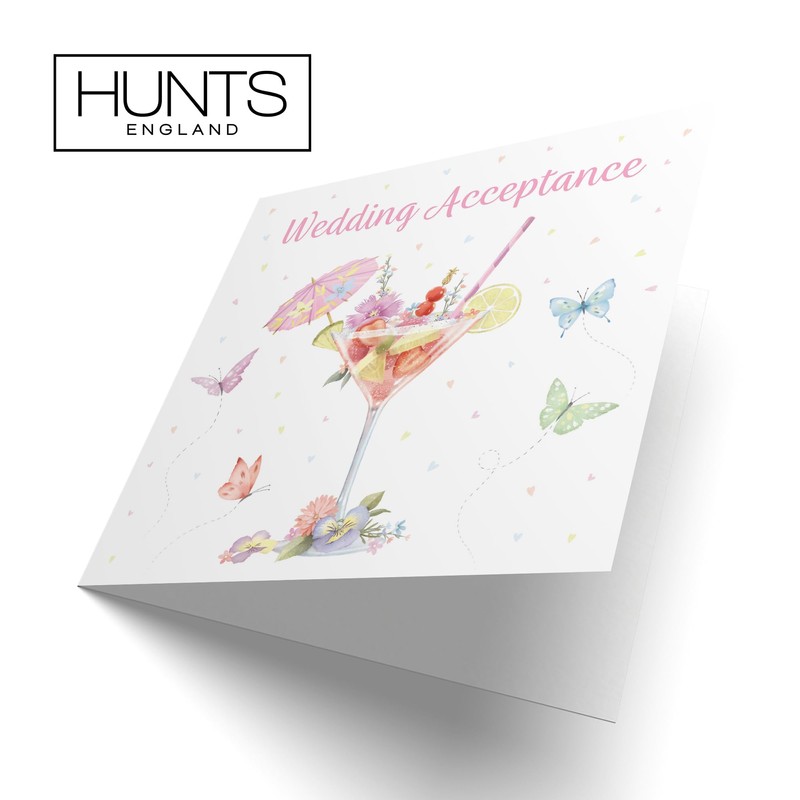 Hunts England - Pink Cocktail And Butterflies Wedding Acceptance Card
