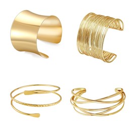4 Pcs Gold Bangle, Arm Cuff, Gold Arm Cuff, Gold Bangle For Women, Gold Cuff Bracelet, Open Metal Wire Bangle Bracelet Set For Girls Women, Indian Bracelet Bangles Cuff Jewelry For Women And Girls