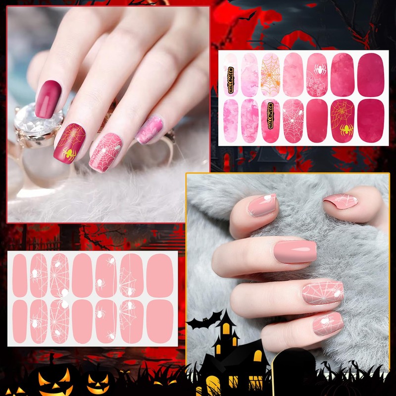 12 Sheets Pink Red Halloween Nail Stickers for Women, Gradient