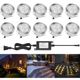 QACA Led Deck Lights Outdoor Waterproof Low Voltage Stainless Steel 1W Outdoor Yard Garden Decoration Lamps Landscape Pathway Patio Step Stairs LED In-ground Lights Silver Border(10pcs, Warm White)