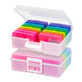 IRIS USA 4" x 6" Photo Storage Box Craft Keeper, 2-Pack, Discreet Handle Container with 16 Organization Holder Cases for Pictures, Tasks, Scrapbooking, Stationery Storage, Multi-Color/Pearl