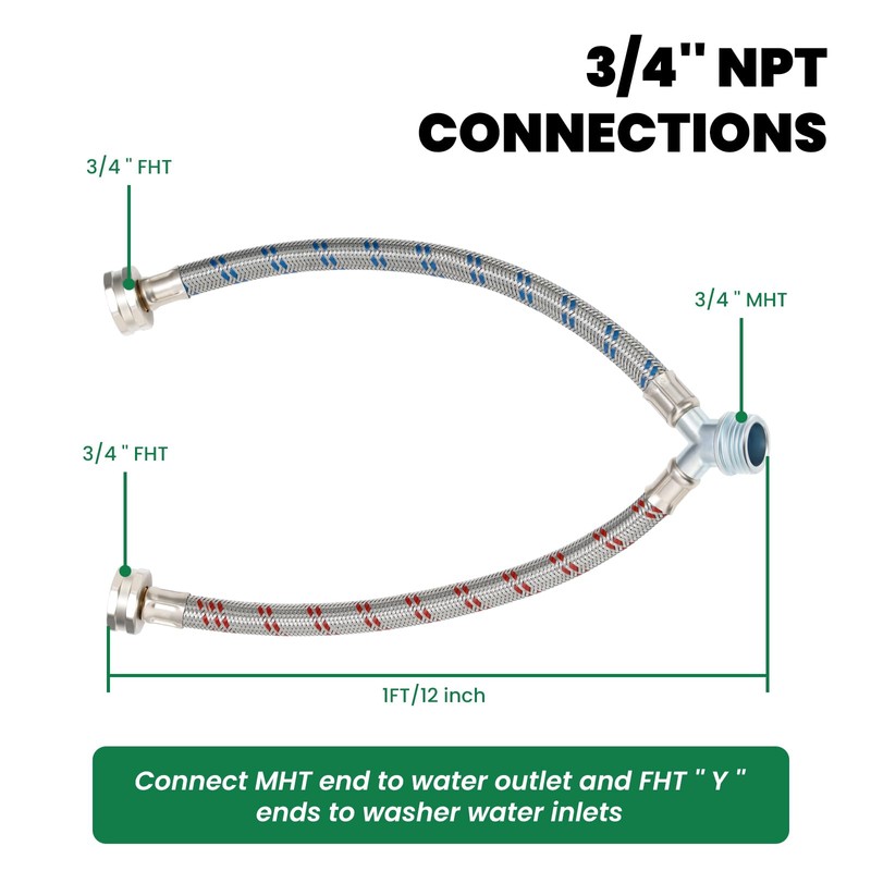 Watflow 3/4"Fittings,1Ft Washing Machine Y Mixer Hose with Octagonal Wrench,
