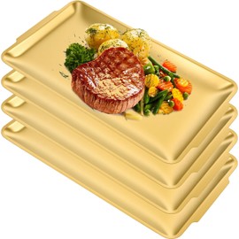 4-Piece Gold Serving Trays Set: Luxurious Gold Trays for Decor & Food Display, 10.6"x5.9" Brushed Stainless Steel Platters for Parties & Dining