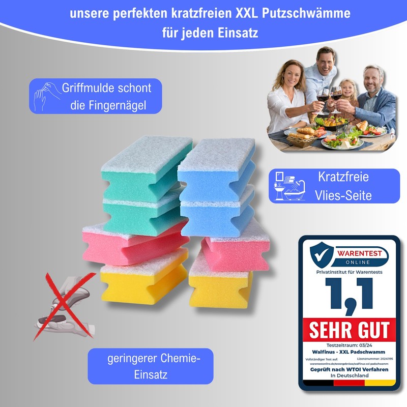 Walfinus Premium XXL Set of 8 Scratch-Free Washing Up Sponges,