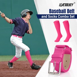 LEACOOLKEY Baseball Belt and Socks Combo Set Softball Socks and Elastic Belt for Kids Boys Girls Pink
