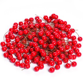 Lystaii 200pcs Artificial Holly Berries Mini 10 mm Christmas Fake Berries with Wire Stems Artificial Berry Fake Berry Stems Picks for Christmas Tree Decorations Wreath Craft Wedding Party Decor (Red)