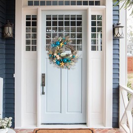 Egolot 24 Inch Summer Costal Sea Blue Balls Seashell Wreath for Front Door, Vine Waved Base Glitter Champion Seahorse Wreath for Indoor Outdoor, Rustic Farmhouse Sea Costal Home Decor